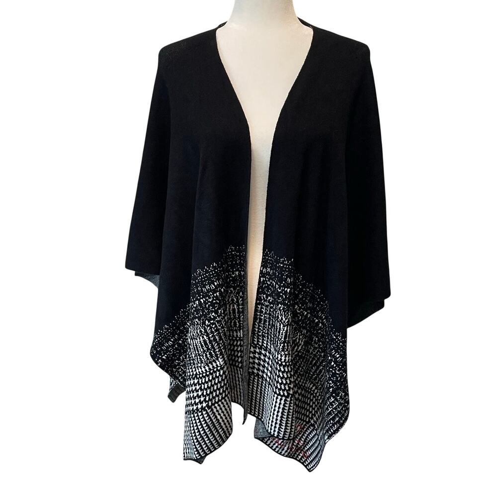 Ming Wang Sweater Wrap Shawl Cape One Size Black White Houndstooth Lagenlook